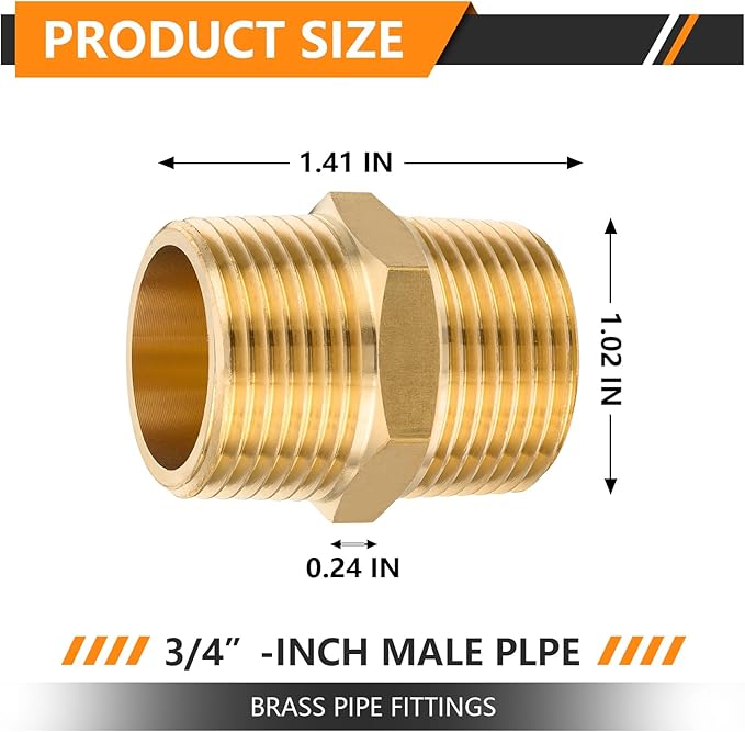 5-PCs HeSun Brass Hex Nipple Pipe Fitting, 3/4" NPT Male x 3/4" NPT Male Nipple Pipe Adapter(NPT014-5)