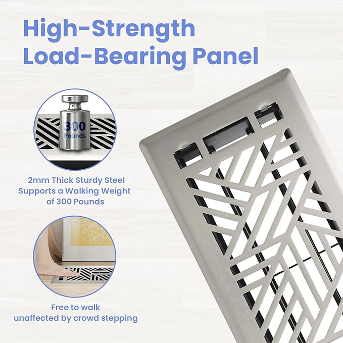 4x10 Inches 6 Pack Heavy Duty Walkable Floor Register Easy Adjust Air Supply Lever Floor Vents - Brooklyn Design - Vent Cover for Home Floor - Satin Nickel