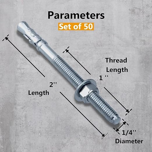 Party Animals 1/4 x 2 Inch Wedge Anchor, 50 PCs Zinc-Plated Industrial Anchor Bolts for Cement, Concrete