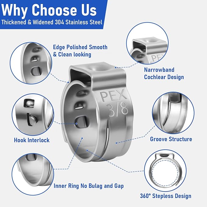 Kodilin 140-Pack 3/8 Pex Crimp Rings, Heavy-Duty 304 Stainless Steel Single Ear Pex Clamps Wider & Thicker Pex Cinch Clamps for Superior Grip & 360° Seal, Fits PEX Tubing Pipe Fitting Connections