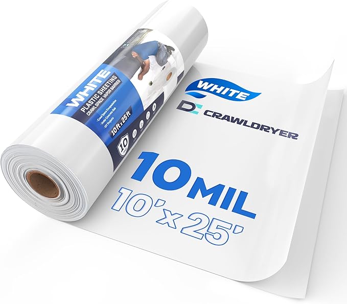 White Crawl Space Vapor Barrier, 10 Mil Vapor Barrier, 10' x 25', White Thick Plastic Sheeting, Heavy Duty Polyethylene Film, White Plastic Drop Cloth Covering for Crawlspace, Basement