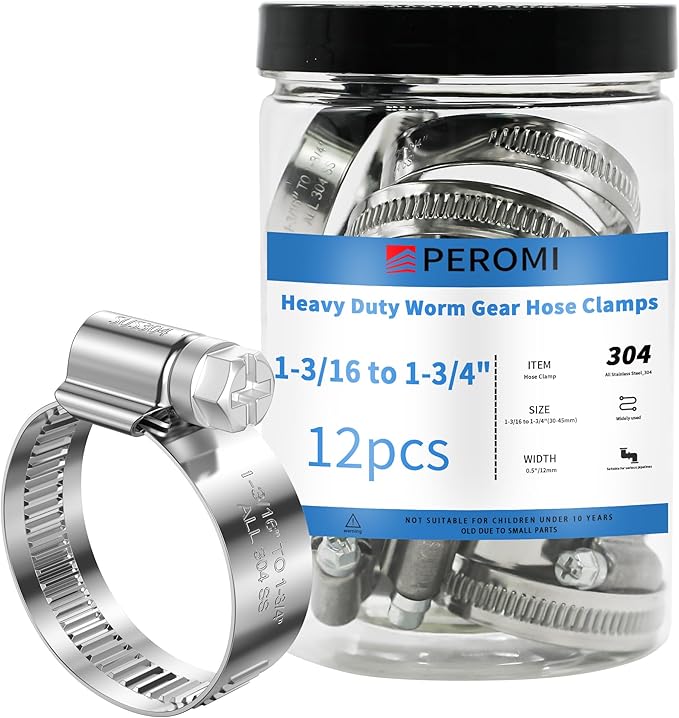 12PCS Heavy Duty Hose Clamps Stainless Steel 304,1-3/16" Hose Clamp to 1-3/4" Hose Clamp in (30-45mm) Adjustable Worm Gear Drive Hose Clamps, Reusable Pipe Clamp for Garden, Automotive