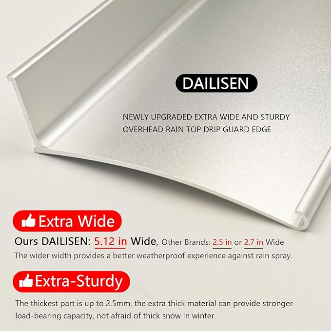 Extra Wide 5.12" W Door rain drip Guard Overhead,55.1" L Aluminum drip Cap for Exterior Doors Window Top,rain drip Edge Flashing,Water Deflector,rain Diverter,Anodized Silver 2PCS