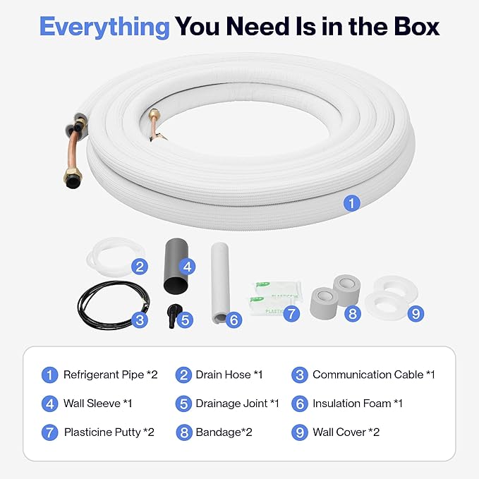 DELLA 25 Ft Mini Split Line Set, Includes 3/8" & 1/4" O.D. Copper Pipes with Flared Nuts and a 3/8" Thick White PE Insulated Coil, Perfect for Mini Split AC and Other HVAC Systems