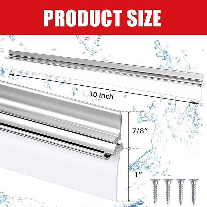30" Chrome Framed Shower Door Replacement Drip Rail with Vinyl Sweep Door Water Deflector, Applied Mounting Tape and Screws (30Inch)