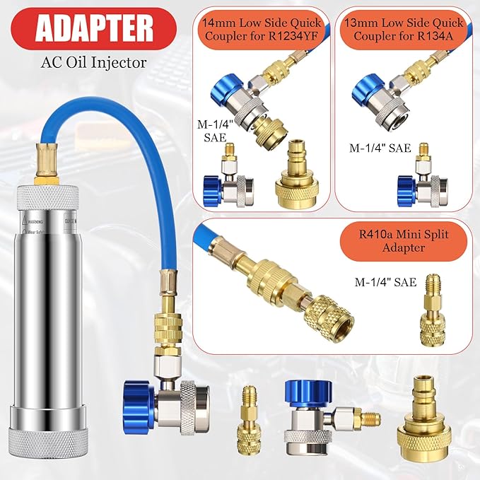 AC Leak Detector Kit, R1234yf R134a R410a AC Oil UV Dye Injector Kit Refrigerant Leak Detector Tool Low Side Quick Coupler Mini Split Adapter Glasses Flashlight(Simple)