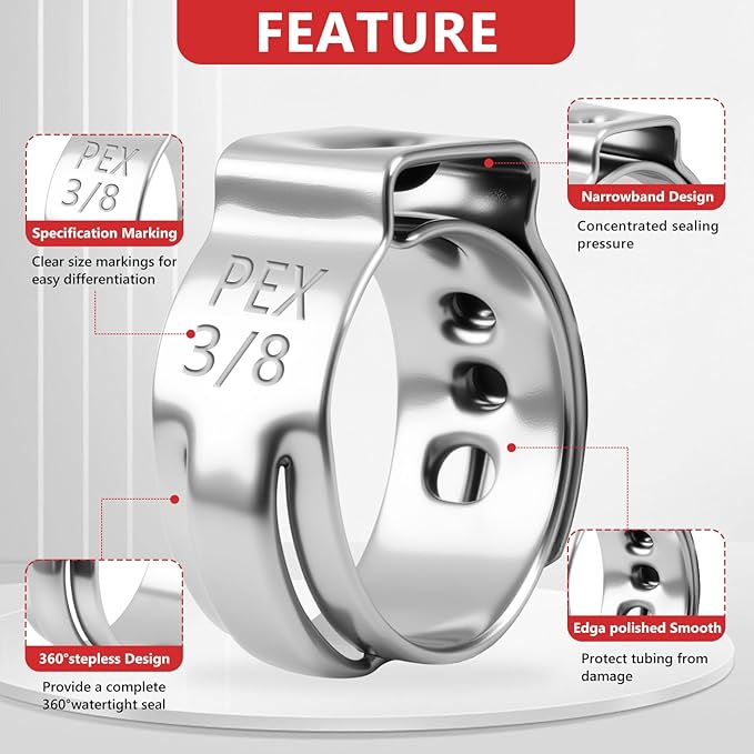 Newdeli 250pcs 3/8 inch Pex Crimp Rings Stainless Steel PEX Clamps Single Ear Hose Clamps Pex Fittings Cinch Pinch Clamp for Pipe Tubing Plumbing