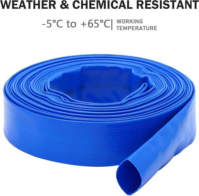 DAVCO 3" x 100 ft Pool Backwash Hose, 3” Diameter and 5” Flat Wide Heavy Duty Reinforced Blue PVC Lay Flat Water Discharge Pump Hoses For Swimming Drain Pools and Clean Filters,with 1 Clamp