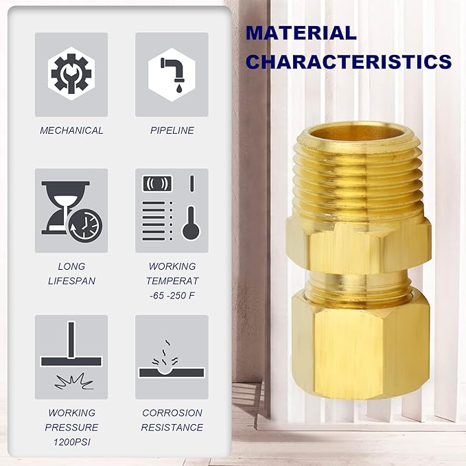ChillWaves Brass Compression Tube Fitting, 3/8" OD x 3/8" NPT Male Compression Union Connector(10-PACK)
