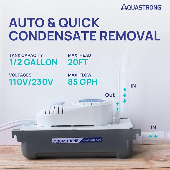 Aquastrong 1/38 HP 85 GPH HVAC Condensate Pump, 115V/230V, AC Condensation Remove Pump with Automatic Safety Switch & 19.7ft Tubing for Air Conditioner, Furnace, Dehumidifier,Ice Maker,Water Drain