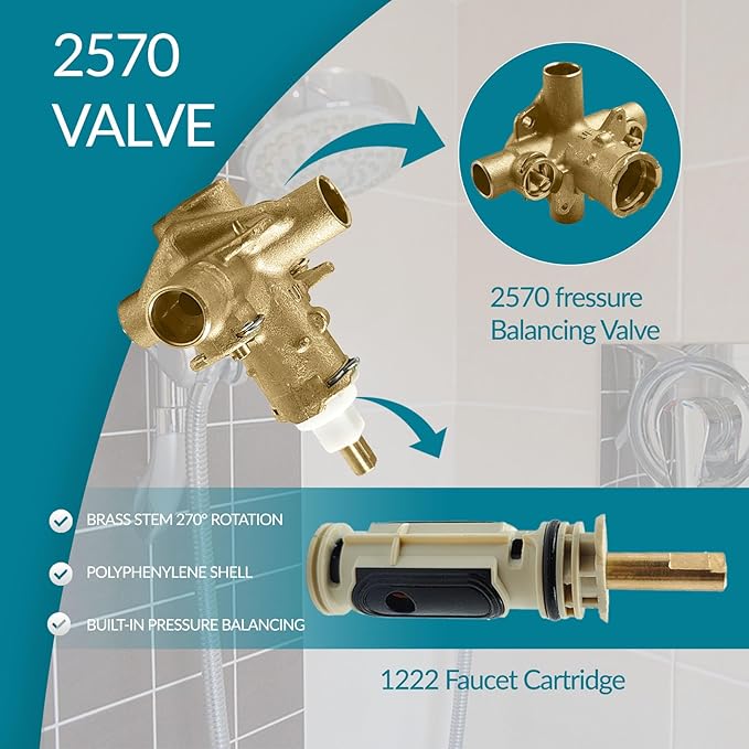 2570 Shower Valve, Pressure Balancing Cycling 4 Port Tub and Brass Shower Valves with Stops Replacement for Moen 2570-1/2 Inch CC Connections, For moen Trim Kit, Includes 1222 cartridge