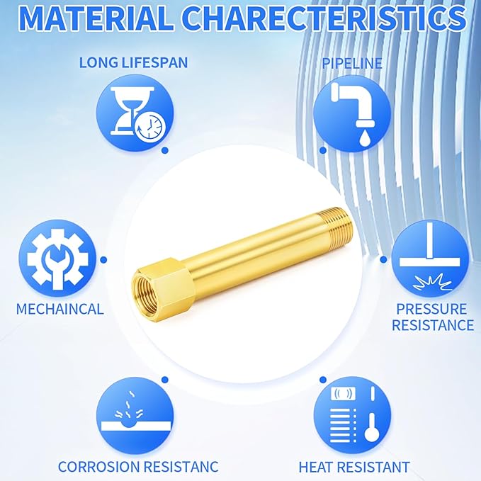 ChillWaves Brass Pipe Fitting, Long Nipple Pipe 1/2" NPT Male x 1/2" NPT Female Thread 4" Length(100MM)(1-PACK)