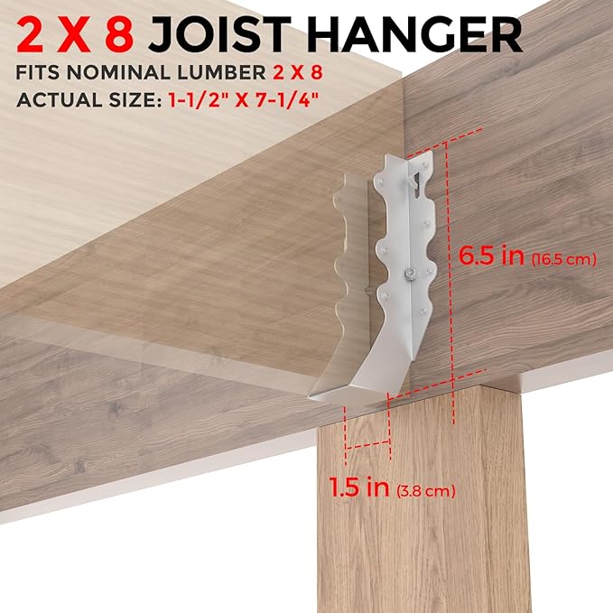 25 Pcs 2x8 Joist Hangers,20 Gauge Metal Face Mount Joist Hanger, Lu28 Joist Hangers Galvanized, Hurricane Ties for Rafter, Rafter Brackets 2x8 for Deck,Floor,Roof Overhang and Ceiling Joist