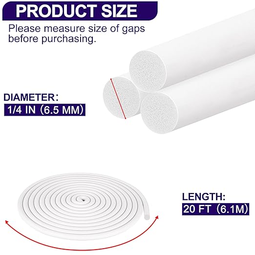 ToLanbbt Backer Rod EPDM Rubber 1/4" Diameter x 20' Length Caulk Saver Door Window Weather Stripping Seal for Concrete Filling Joints and Gaps (White)