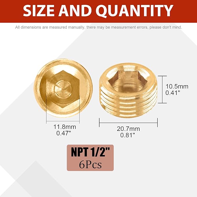 Hilitchi Brass Pipe Fitting Pipe Plug Fitting NPT Male Plug Internal Hex Head Style (1/2-6Pcs)