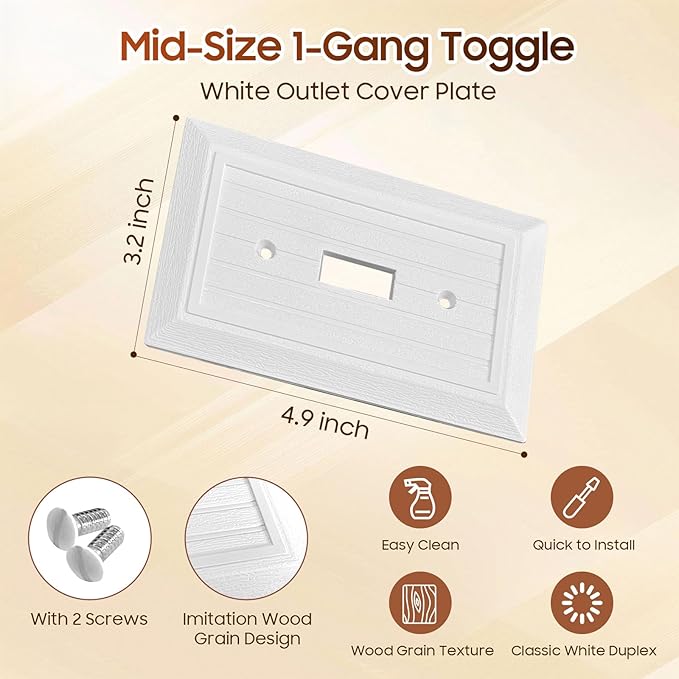 4-Pack Light Switch Cover Plate, Modern Decorative Outlet Covers Wall Plates, Pure White Classic Retro Wood Grain Design Style (Mid-Size Single Toggle)
