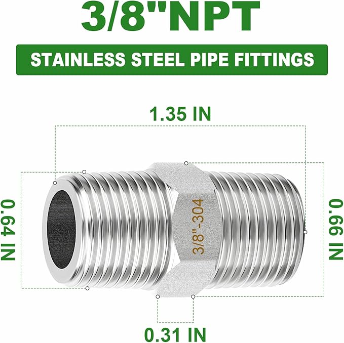 TAISHER 5PCS 304 Stainless Steel New Hex Nipple, 3/8" NPT Male x 3/8" NPT Male, Pipe Adapter Fitting