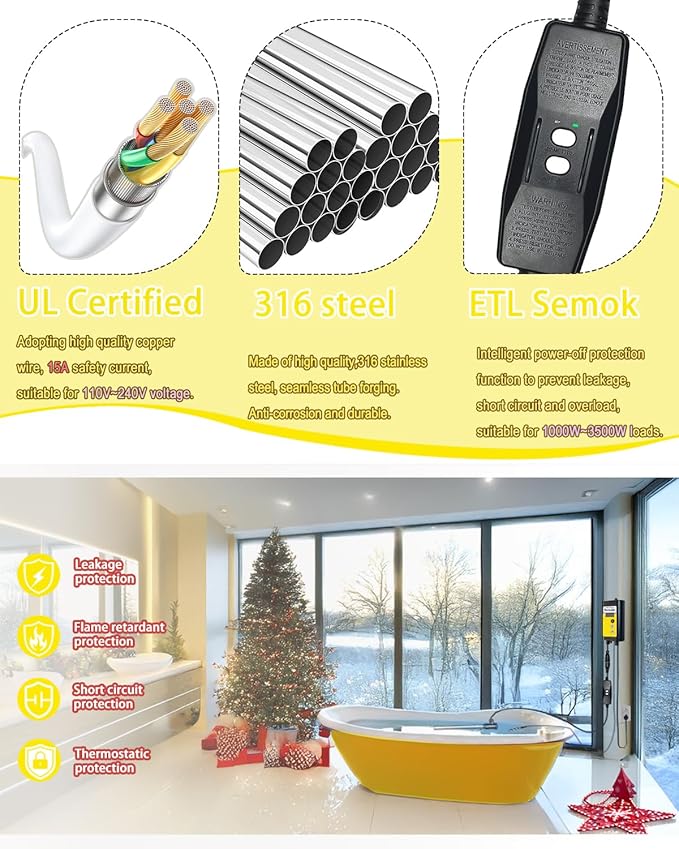 1500W Baptistry Heater for Baptisma Pool&Bathtub, Water Heaters for Hot Tub with Thermostat, 120V Extra Submersible Baptism Stock Tank/Inflatable Pool/Small Above Ground Pools Heaters