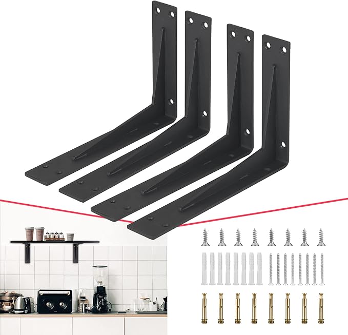 CLT Black Shelf Bracket, 10” Quarter Inch (1/5") Thick- Max Load: 330 lb Industrial Modern Farmhouse Heavy Duty Corner Brace Joint Right Angle Bracket for Table Bench, Space Saving DIY, Pack of 4