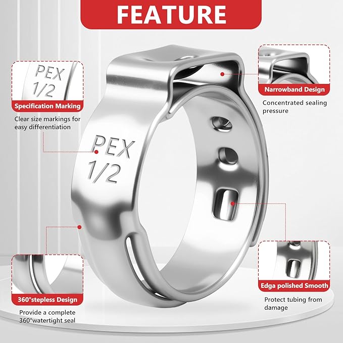 Newdeli 250pcs 1/2 inch Pex Crimp Rings Stainless Steel PEX Clamps Single Ear Hose Clamps Pex Fittings Cinch Pinch Clamp for Pipe Tubing Plumbing