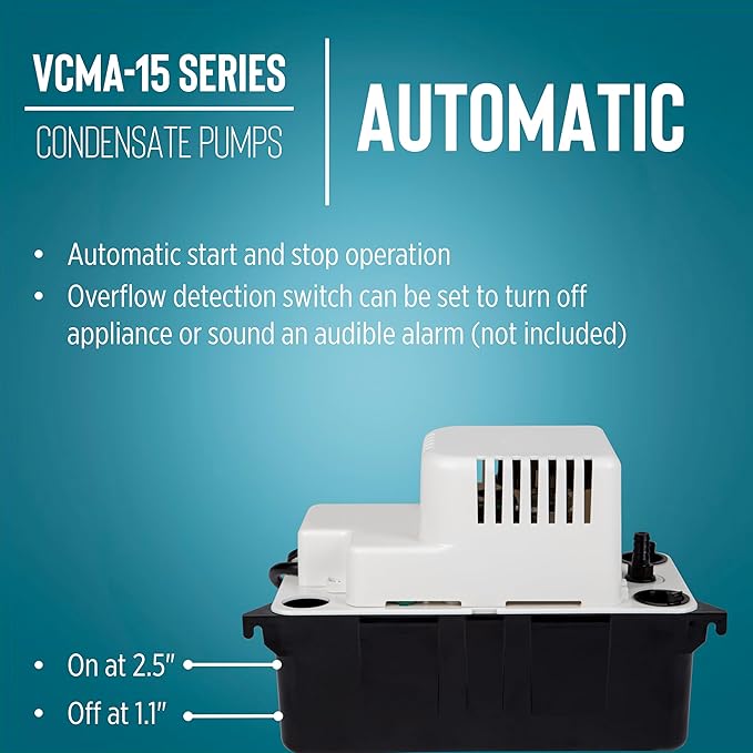 Little Giant VCMA-15ULS 115 Volt, 65 GPH, 1/50 HP Automatic Condensate Removal Pump for HVAC/Refrigeration Systems/Dehumidifiers with Overflow Detection Switch and 6-Foot Cord, White/Black, 554405