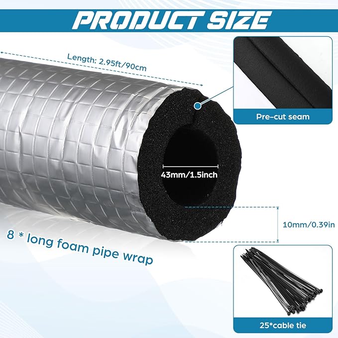 Tondiamo 8 Pcs 3 FT Pipe Insulation Foam Tube Self Adhesive Insulation Foam Wrap with Aluminum Foil Tape & Cable Ties for Tubing Heat Preservation Winter Outdoor Freeze Protection(1.5 Inch)