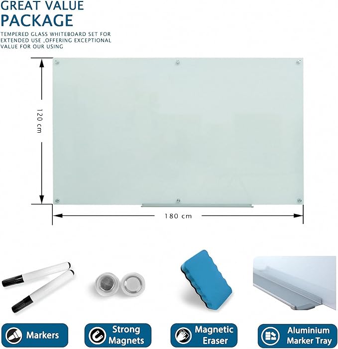 Magnetic Glass Writeboard 72"x48" Premium Tempered Dry Erase Boards Wall Mounted Frameless Whiteboard Bulletin Message Boards (White)