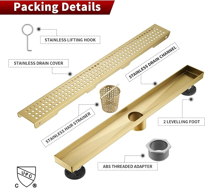 Sharp-tec 28 inch Linear Shower Drain, Gold Rectangular Floor Drain, V-Shape Design Drain Channel, 304 Stainless Steel, cUPC Certificated for Bathroom Shower Room (Drain Base is Not Included)