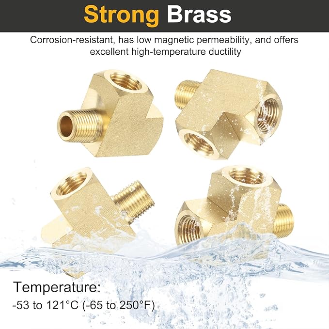 PATIKIL Brass Tee Fitting, 2Pcs 1/8" x 1/8" NPT Female x 1/8" NPT Male Pipe 3 Way Forged Brass Barstock Street Tee Pipe Fittings for Water Gas Refrigeration
