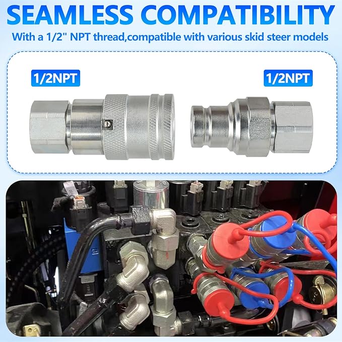 1/2’’ NPT Flat Face Hydraulic Quick Connect Couplers/Couplings with Dust Caps, The Universal Bobcat Flat Face Quick Connect Fittings with with 1/2’’ Body ISO 16028 Standard-2Set