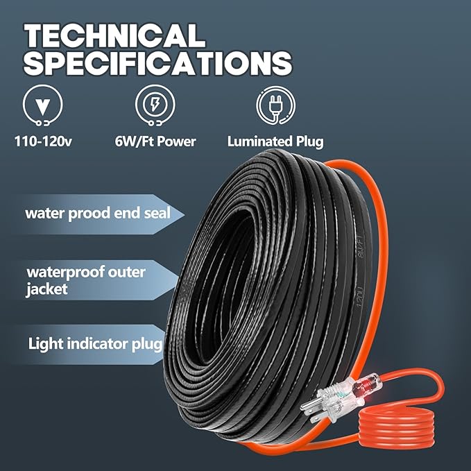 15FT(3FT~200FT) Heat Tape for Water Pipes, -40°F Deicing Heating Cable, Freeze Protected Water Pipe Heating Cable, Heated Water Hose, Plumbing Fixtures, 120V 5W/ft Plumbing Fixtures