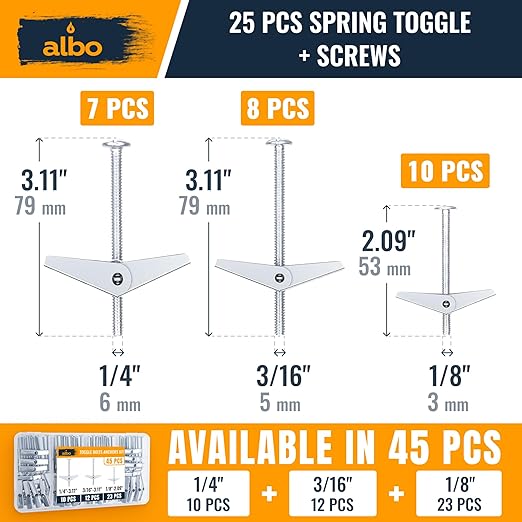 ALBO 25-Piece Heavy Duty Hollow Wall Anchors Kit for Drywall Ceilings with Screw Spring/Includes Toggle Bolts and Wing Nut Assortment in 3 Sizes (1/8in, 3/16in, 1/4in)