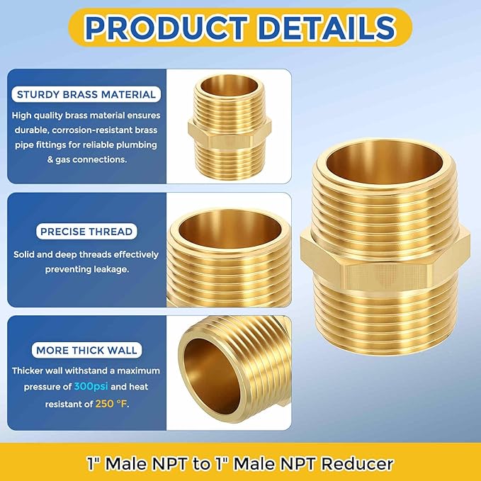 4 Pack Brass Pipe Fittings, 1" Male NPT to 1" Male NPT Brass Hex Nipple, Male Pipe Adapter Reducer for Air, Oil, LP