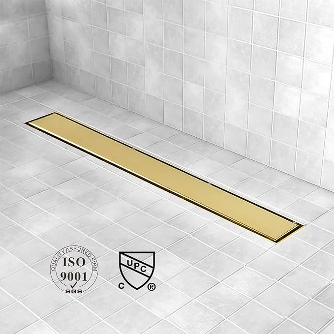 Linear Shower Drain, 18 inch Gold Drain with Tile Insert 2-in-1 Panel, Brushed 304 Stainless Steel Gold Shower Floor Drain, Linear Drain with Hair Strainer and Adjustable Feet