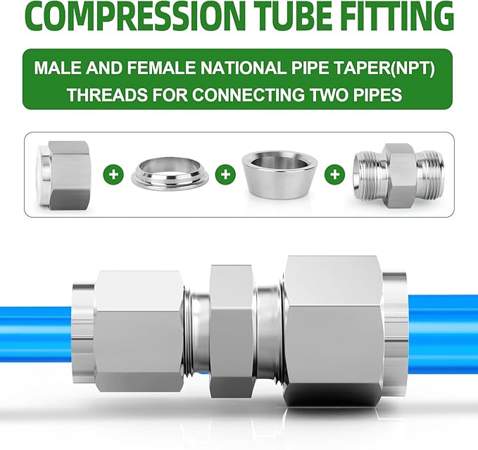 TAISHER 5PCS 304 Stainless Steel Compression Tube Pipe Fitting Connector, 1/4" Tube OD x 1/8" Tube OD Straight Adapter