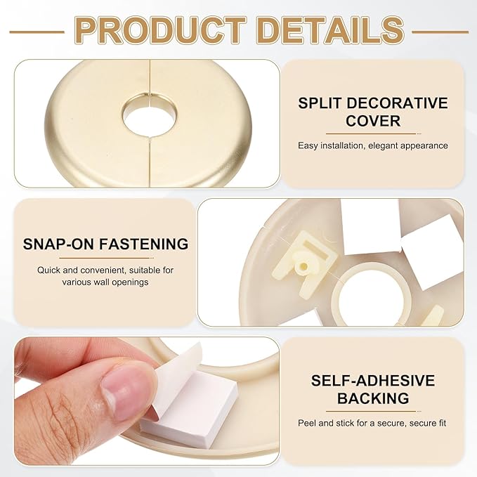 PATIKIL Wall Split Flange 70mm / 2.8" OD, 4 Pcs Round Escutcheon Plate Cover PPR Plumbing Cover Plates with Self-Adhesive Tape for 17mm / 0.7" Dia Water Pipe Faucet, Gold