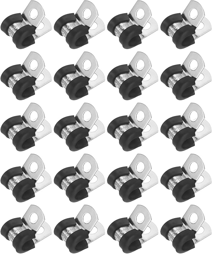 20-Pack Cable Clamps, 15/64 Inch/ 6 mm 304 Stainless Steel Rubber Cushioned Insulated Cable Clamp R Shape Metal Holder for Tube/Wire/Pipe/Loop Installation