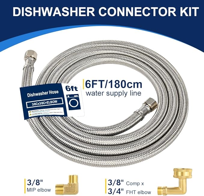 6FT Dishwasher Hose with Elbow – Stainless Steel Braided Supply Line, 3/8" Compression to 3/8" Elbow, Universal Fit, Burst Proof, NSF/Lead-Free Certified, 10-Year Warranty