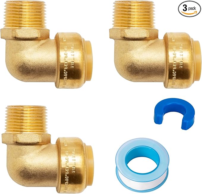 SUNGATOR 3/4 Inch Male Adapter Elbow, 3/4 Inch MNPT, No Lead Brass Push-to-Connect Plumbing Fittings for PEX Pipe, Copper, CPVC, with 1 Disconnect Clip and 1 Sealing Tape, Pack of 3