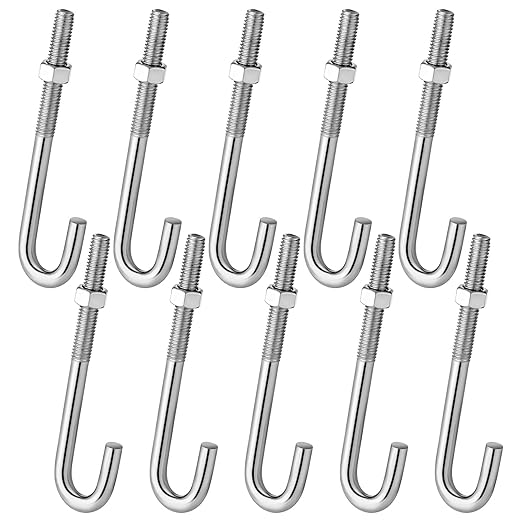10 Pcs Anchors Bolts 3/8-16 x 5 Inches Concrete J Bolts Cement Post Anchor Bolts Fastener with Nut Washer Bracket Outdoor Hardware for Concrete Pad Pouring Wood Projects (Stainless Steel)