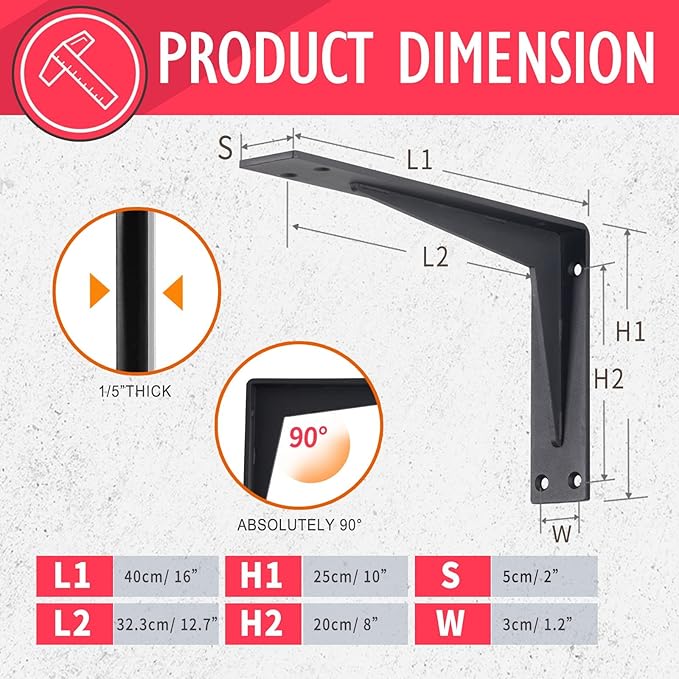 CLT Black Shelf Bracket, 16” Quarter Inch (1/5") Thick- Max Load: 440 lb Industrial Modern Farmhouse Heavy Duty Corner Brace Joint Right Angle Bracket for Table Bench, Space Saving DIY, Pack of 4