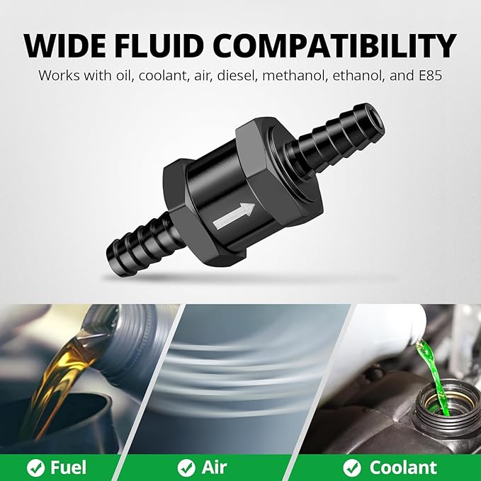 EVIL ENERGY 1/4'' (6mm) Check Valve, 2 Pcs Aluminum One Way Fuel Check Valve for Gasoline, Diesel & Coolant with Universal Hose Clamps, Black