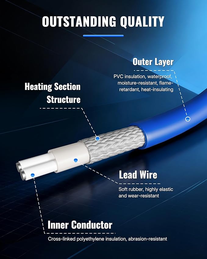 18Ft Water Pipe Heating Cable, 5W Constant Power Self-Regulating Heating Cable, 5W/FT, IPX7 Waterproof, Auto-On/Off, for Metal and Plastic Water Pipes, Freeze Protection, 120V U18HC06