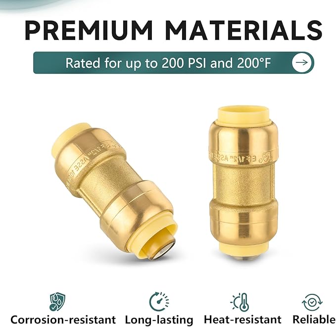 10-Pack Niikappu Push Fit Fittings, 1 Inch x 1 Inch Brass Plumbing Fittings to Connect PEX, Copper, CPVC, Brass Straight Coupling With Disconnect Clip