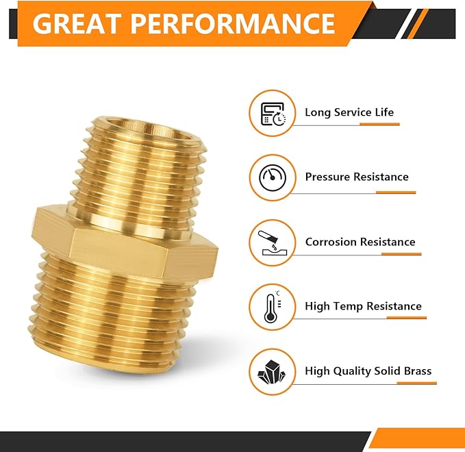 5-PCs HeSun Brass Hex Nipple Pipe Fitting, 3/4" NPT Male x 1/2" NPT Male Hex Pipe Adapter