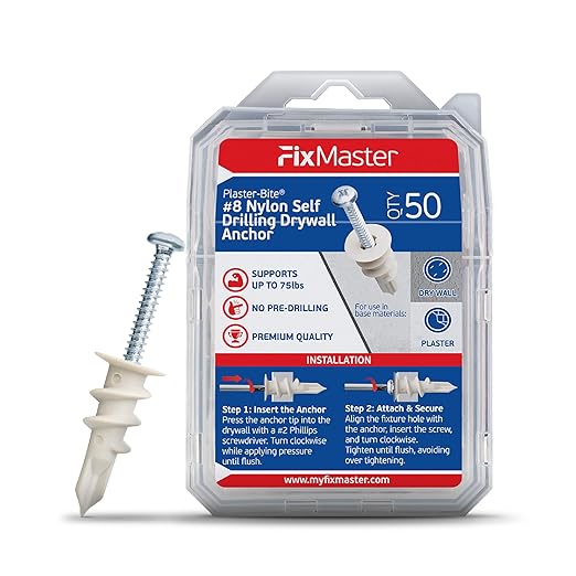 Nylon Self-Drilling Drywall Anchors w/Screws (50 Anchors & 50 Screws) – Premium Nylon 66 Hollow Wall Anchors for 3/8"-5/8" Drywall – Shock-Resistant Hold, Easy Install - 75lb Holding Strength