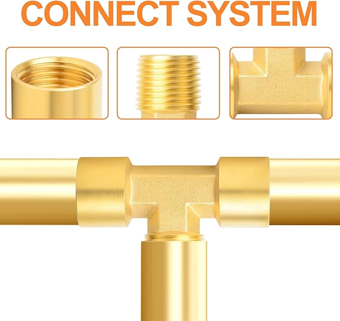 GASHER 2PCS Metals Brass Pipe Fitting Barstock Male Branch Tee T Adapter 3/8" Female x 3/8" NPT Female x 3/8" NPT Male