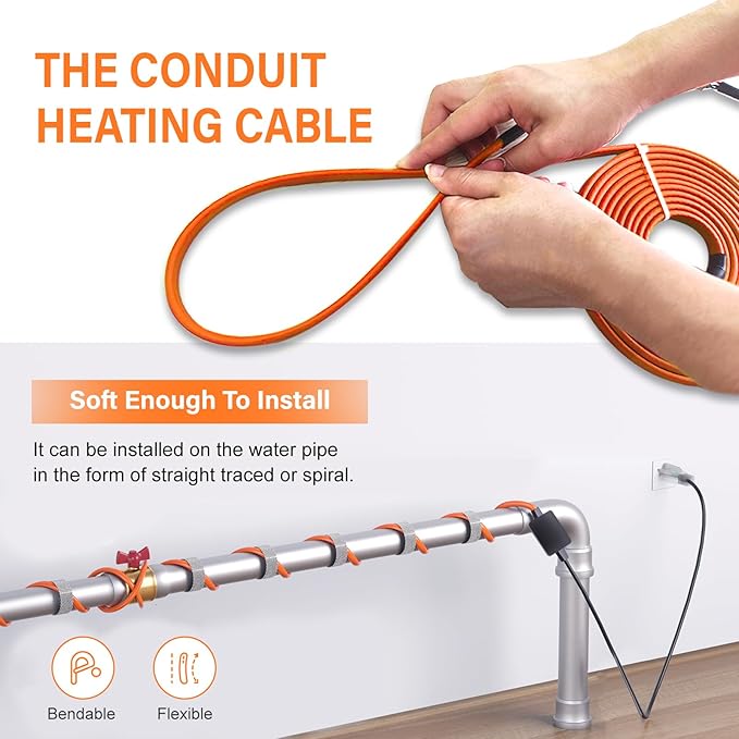 Cupohus Heat Tape for Water Pipes with Thermostat 15FT, Freeze Protection Self-Regulating Heat Trace Cable for Metal, Plastic Home Pipes, Roof and RV, 110-120V