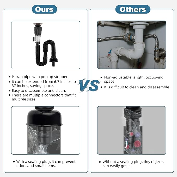 iFealClear Bathroom Sink Drain Kit, Flexible P-Trap Drain Pipe with Pop Up Stopper, Sink Pipe Replacement with 2 Adapters, Fit 1-1/4'', 1-1/2'', 2” Holes, Big Cap, Brass Bounce Core, Oil Rubbed Bronze