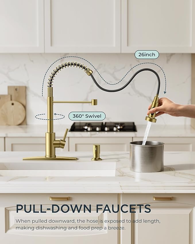 FORIOUS Gold Kitchen Faucet with Pull Down Sprayer, Stainless Steel Commercial Single Handle Classic Spring Pull Out Sink Faucet for Pot Filler, Farmhouse Camper Bar Laundry Room